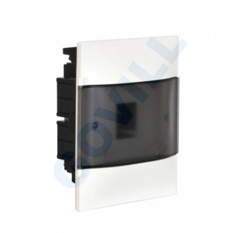 PractiboxS, 1x4, gipszkartonba süllyeszthető kiselosztó,  átlátszó füstszínű ajtóval