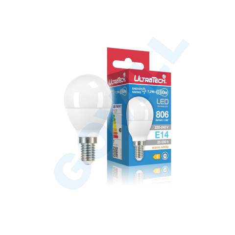 UltraTech LED gömb izzó E14 7,2W 806lm 3000K 240 fok 25000óra