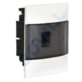 PractiboxS, 1x4, téglafalba süllyeszthető kiselosztó, átlátszó füstszínű ajtóval