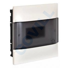PractiboxS, 1x8, téglafalba süllyeszthető kiselosztó, átlátszó füstszínű ajtóval
