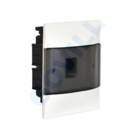 PractiboxS, 1x4, gipszkartonba süllyeszthető kiselosztó,  átlátszó füstszínű ajtóval