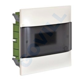 PractiboxS, 1x8, gipszkartonba süllyeszthető kiselosztó, átlátszó füstszínű ajtóval