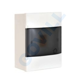 PractiboxS, 1x4, falon kívüli kiselosztó, átlátszó füstszínű ajtóval