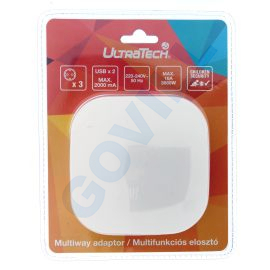 UltraTech elosztó, 3 dugaljzatos, 2db USB töltő aljzattal, fehér, 16A/250A, USB 2x1000mA, földelt, műanyag