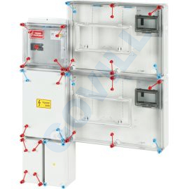 Hensel Csoportos mérőhely két fogyasztó részére, mindennapszaki és vezérelt/H-tarifás mérésre, földkábeles és szabadvezetékes csatlakozásra, felületre szerelhető kialakításban